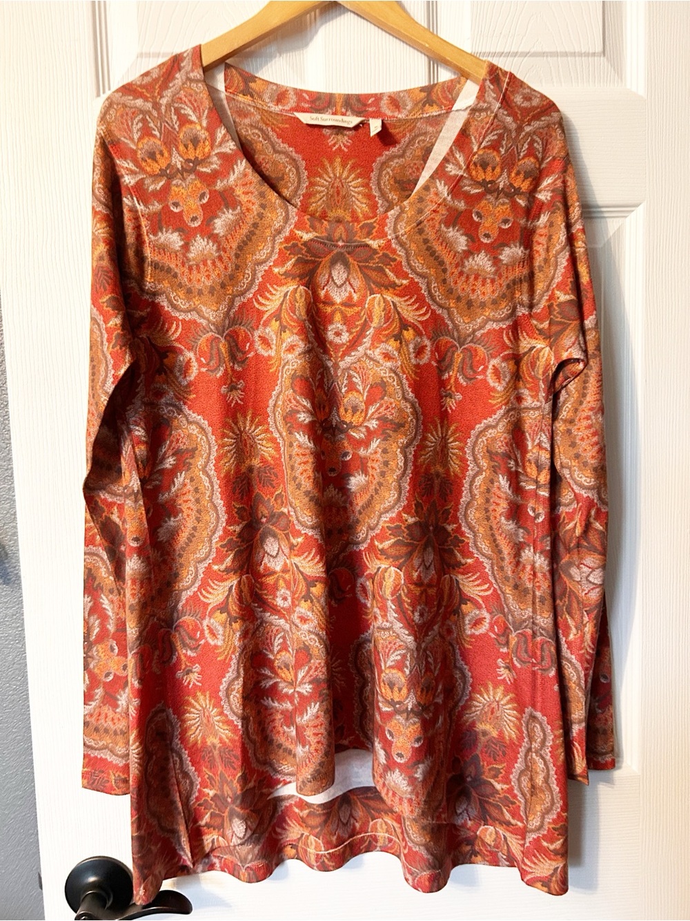 Soft Surroundings Orange Floral Long Sleeve Paisley Print Scoop Neck Tunic- Med